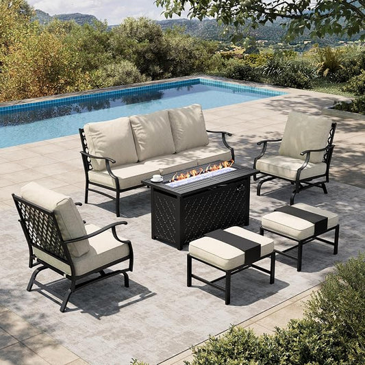 HERA'S HOUSE 6 Pieces Patio Furniture Set with Fire Pit Table, 2 x Rocking Chair, 2 x Ottoman, 3-Seat Sofa with 45" Fire Pit Table, Outdoor Conversation Set for Garden, Poolside, Backyard