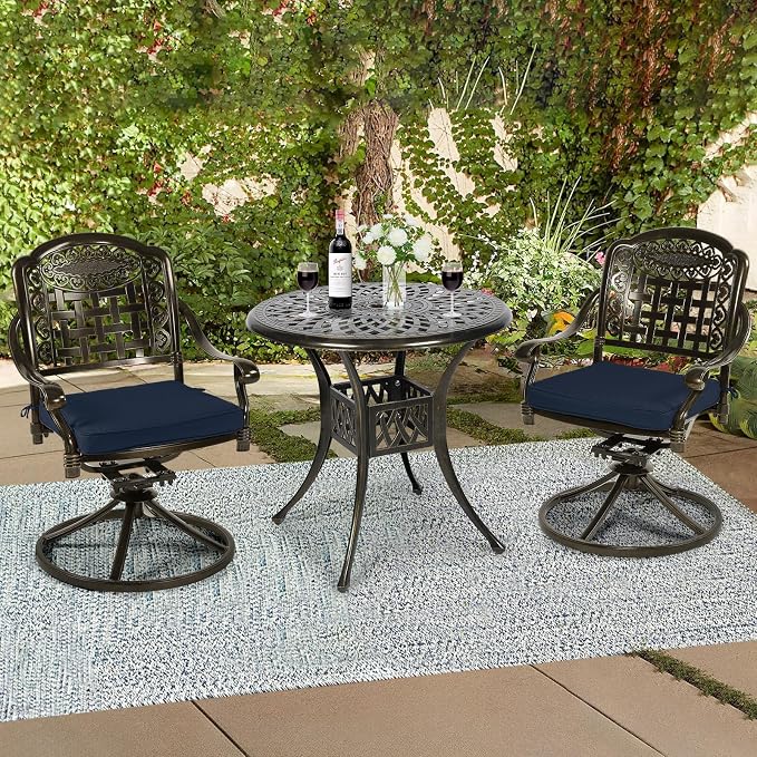 3-Piece Outdoor Patio Dining Set, All-Weather Cast Aluminum Patio Furniture Set for Backyard Garden Deck with 2 Swivel Cushioned Chairs and 31” Round Table, 2" Umbrella Hole, Navy Blue