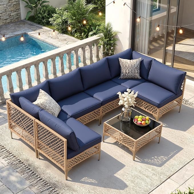 FHFO 7 Piece Outdoor Wicker Patio Furniture Set, Yellow/Blue | Sectional Sofa | All-Weather Hand-Woven Rattan | Tempered Glass Coffee Table | Free Combination | Indoor & Outdoor Use