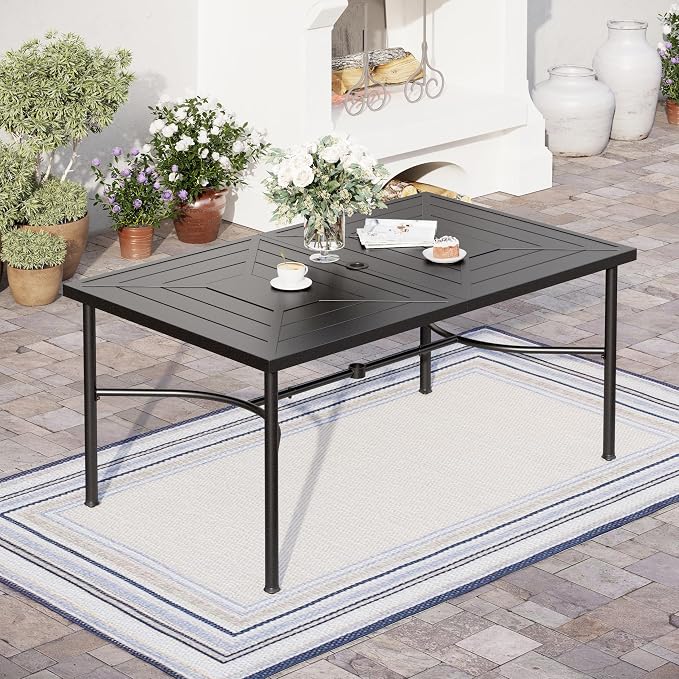 SUNSHINE VALLEY 7 Pcs Patio Dining Set for 6, Rectangular Metal Dining Table with Umbrella Hole and 6 Chairs, Outdoor Table and Chairs Set for Lawn Garden Backyard and Deck, Blue