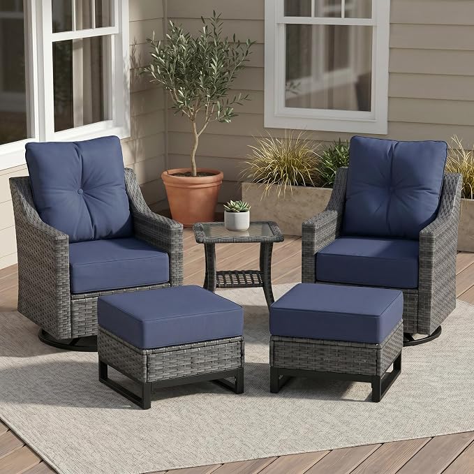 5-Piece Outdoor Patio Furniture Set, Grey Wicker Conversation Set with 2 Swivel Chairs, 2 Ottomans and Side Table, 6-Inch Blue Cushions for Porch, Deck, Backyard
