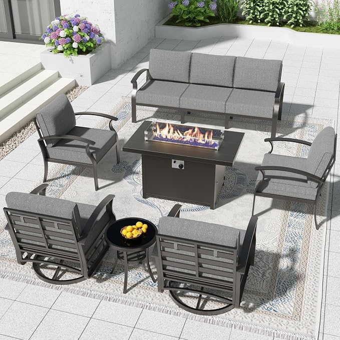 Aluminum Patio Furniture Set with 55,000 BTU Propane Fire Pit Table, 7 Seats Metal Modern Outdoor Furniture w/5.1" Cushions, Sectional w/Swivel Chairs for Backyard, Grey