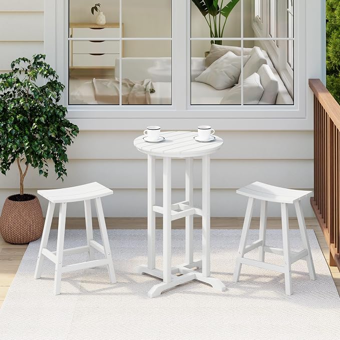 Costaelm Outdoor Bar Table, 37" Counter Height Round Patio Cocktail Bar Table, Patio Bar Table 3-Pieces Set Bistro Dining Table Pub Table for Front Porch Deck, Backyard, Garden, White