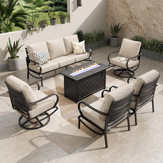 PHI VILLA Patio Conversation Set with Fire Pit, 7 Seat with 45" Firepit Table, Swivel & Fixed, Beige