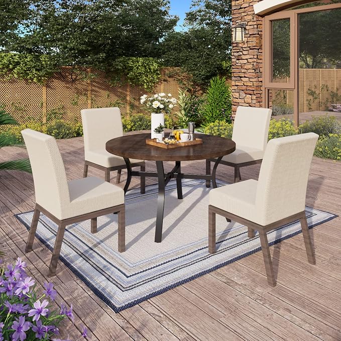 MFSTUDIO 44" Outdoor Round Dining Table with 2” Umbrella Hole, Patio Metal Dining Table with Wood-Like Texture Surface for Backyard, Garden, Lawn