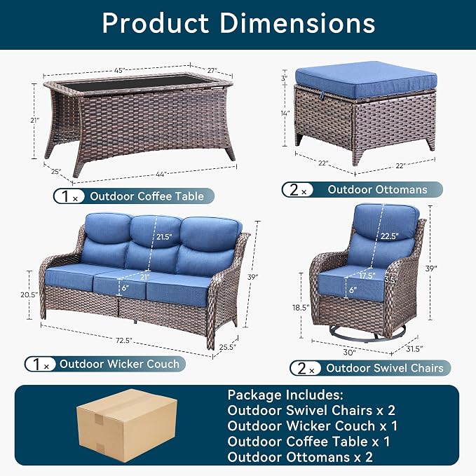 Luxury 6 Pieces Outdoor Patio Furniture Set-All Weather Wicker Outdoor Furniture with Swivel Rocker Patio Chairs 6-inch Extra Thick Cushions Wicker Conversation Set for Garden Porch(Brown/Blue)