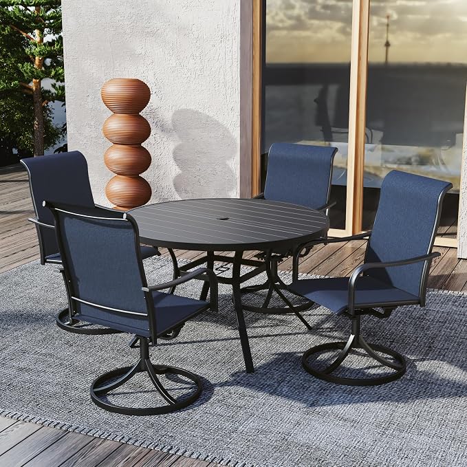 5 Piece Outdoor Patio 48" Round Dining Table, NavyBlue Swivel Chairs Style2 | 4 Piece Swivel Chairs: High Back, Curved Armrest, Textilene Fabric, Rocking; 48 inch Metal Round Table, All Weather