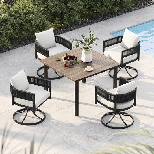 Grand patio 5-Piece Outdoor Dining Set for 4, Metal Woven Wicker Swivel Patio Chairs with Thickened Cushions & 1 Square Woodgrain Dining Table with Umbrella Hole for Backyard Deck (Black)
