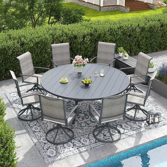 DIFY 9 Piece Outdoor Patio Dining Set for 8, 63" Round Metal Dining Table and Swivel Patio Chairs with Padded Textilene, All-Weather Outdoor Furniture Set for Garden Backyard Porch, Grey