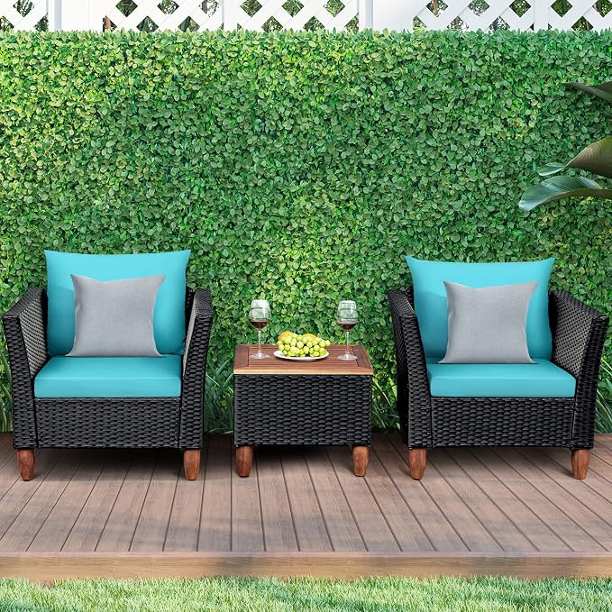 Tangkula 3 Piece Patio Furniture Set, Patiojoy Outdoor Wicker Rattan Bistro Sofa Set w/Washable Cushion, Acacia Wood Top Coffee Table, Conversation Set w/Adjustable Feet for Balcony Backyard Porch