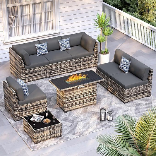 8 Pieces Outdoor Patio Furniture Set with 44" Fire Pit Table Yellow Rattan Sectional Conversation Sets w/Gas Fire Pit, Coffee Table, 1 Waterproof Covers, Dark Grey