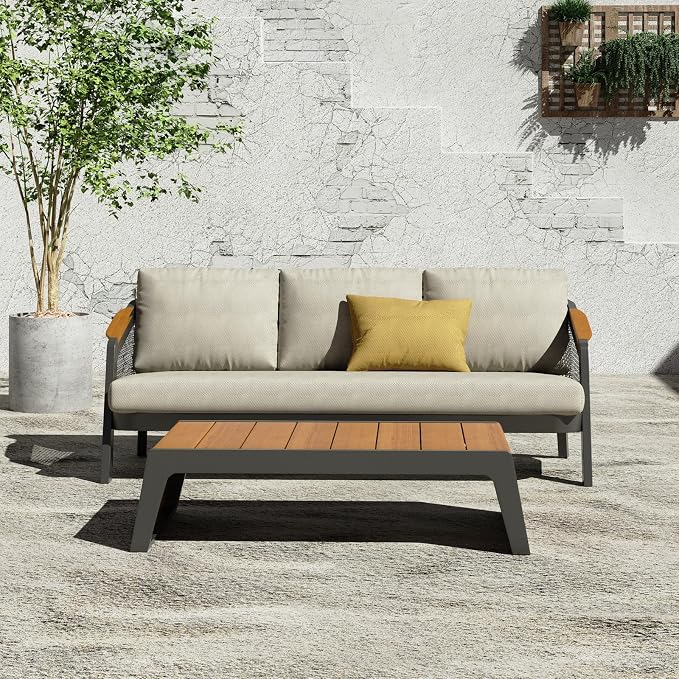 2 Pieces Patio Furniture Set Outdoor Sectional Sofas Patio Conversation Sets Aluminum Sofa Set with Teak Coffee Table & Armrests, Grey