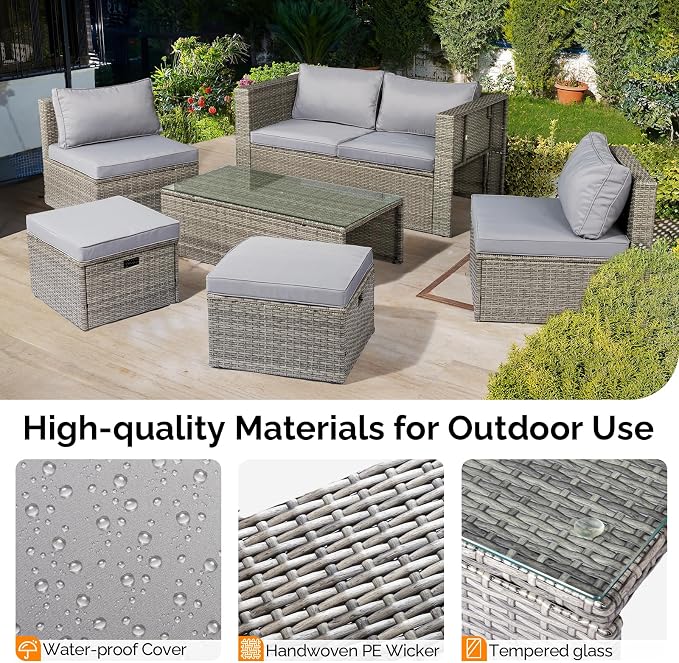 VINGLI 6 Pieces Wicker Patio Furniture Set, Outdoor Sectional Furniture Patio Conversation Set Space-Saving Design with Ottomans and Coffee Table for Garden,Poolside, Backyard(Grey)