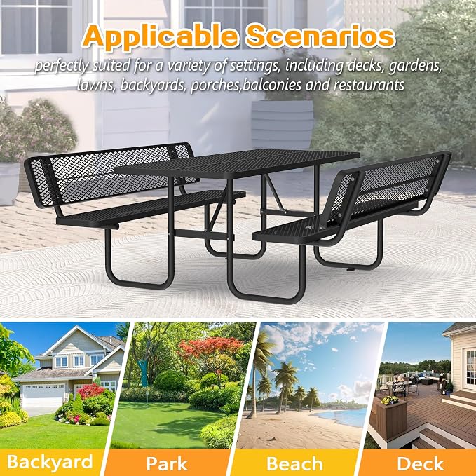 72" Heavy-Duty Iron Mesh Picnic Table Set with Backrest Black | 1.73'' Umbrella Hole, Commercial-Grade Outdoor Table for Patio, Garden or Park–Rust-Resistant, Heat-Proof, All-Season Use