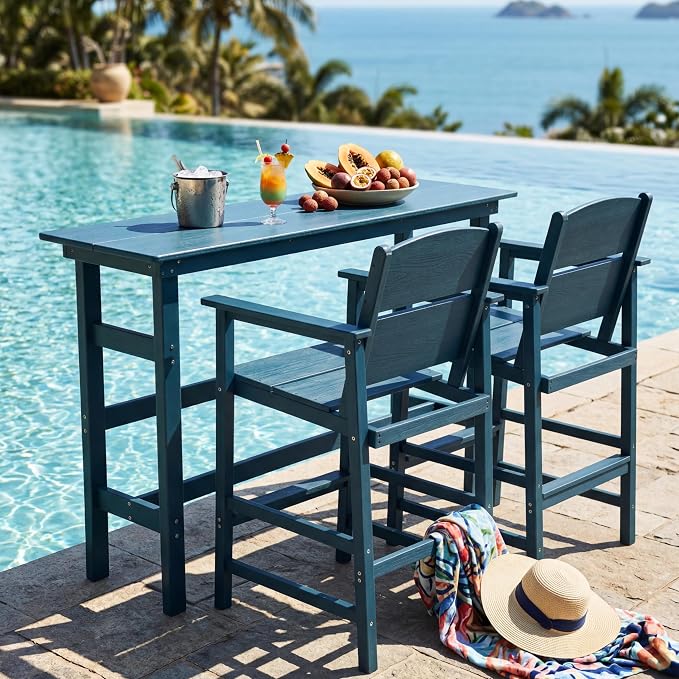 Outdoor Bar Table Set 3 Piece, HDPE Patio Bar Height Furniture Set with 2 Chairs, Small Space Patio Furniture, Weather Resistant Balcony Bistro Set for Garden, Deck, Porch, Deep Blue