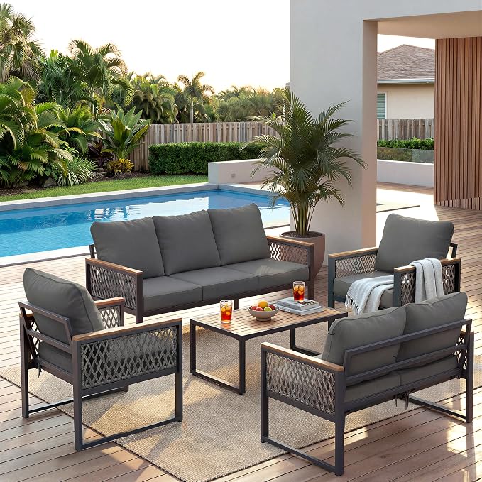 UPHA 5 Pieces Patio Furniture Set, Metal Outdoor Sectional Couch Set with Loveseat & 3-Seat Sofa, 2 Chairs, Coffee Table, Modern Patio Conversation Set for Porch Balcony Deck, 7 Seats, Gray