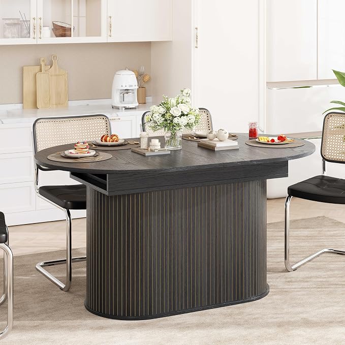 55.11"-70.86" Extendable Dining Room Table, Oval Dining Table Set for 4 People, Mid Century Modern Dining Table for Gatherings, Meeting, Small Kitchens, Dining Office Areas, Black