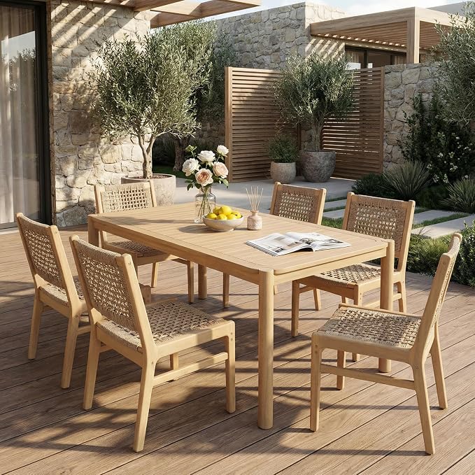 Christopher Knight Home Levi Acacia Wood Dining Table Set for 6, Solid Wood Outdoor Dining Set for 6, 7 Piece Patio Dining Table and Chair Set with Wicker Seat & Back, Light Brown + Light Teak