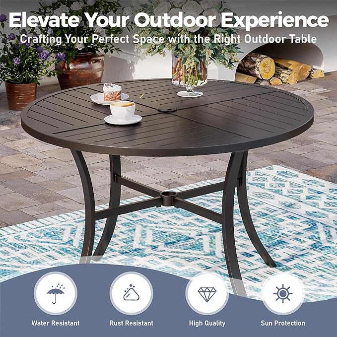 5pc Patio Dining Set for 4, Outdoor 42" Round Metal Table & 4 Brown Chairs | 4 textilene chairs + steel table. Waterproof, stain-resistant & wipe-clean. Ideal for backyard, garden & poolside.
