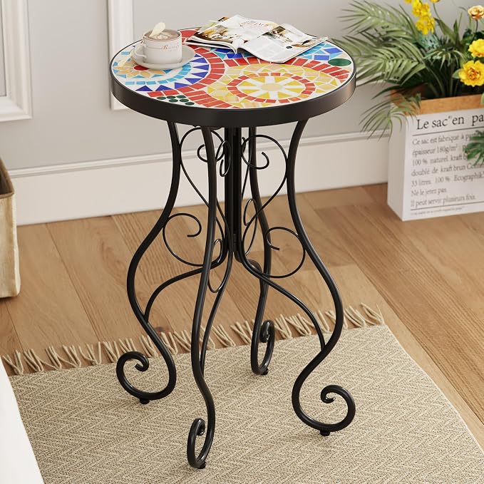 Christopher Knight Home Glady Outdoor Round Side Table, Patio End Table with Ceramic Top and Metal Frame, Small Decorative Accent Table for Patio Garden Porch Balcony, Colorful Gears