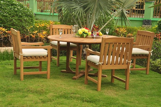 New 5 Pc Luxurious Grade-A Teak Wood Outdoor Dining Set - 60" Round Dining Table and 4 Devon Arm/Captain Chairs #WHDSDVl