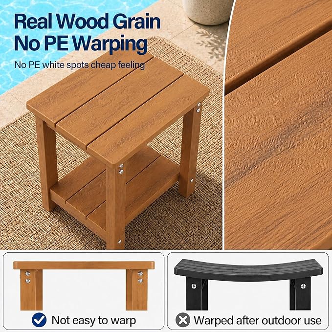 MXIMU Outdoor Side Table Set of 2: Heavy-Duty Sturdy Warp Resistant Adirondack Table - Wood Grain Finish Outdoor End Tables - Easy Assembly & Low Maintenance Patio Side Table Teak