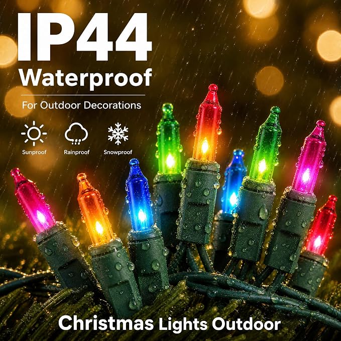 Multi Colored Christmas Lights, 2 Pack Total 40FT 200 Count Incandescent Christmas Mini Tree String Lights, Waterproof Christmas Decorations for Outdoor Indoor Xmas Home Party Garden Yard Decor