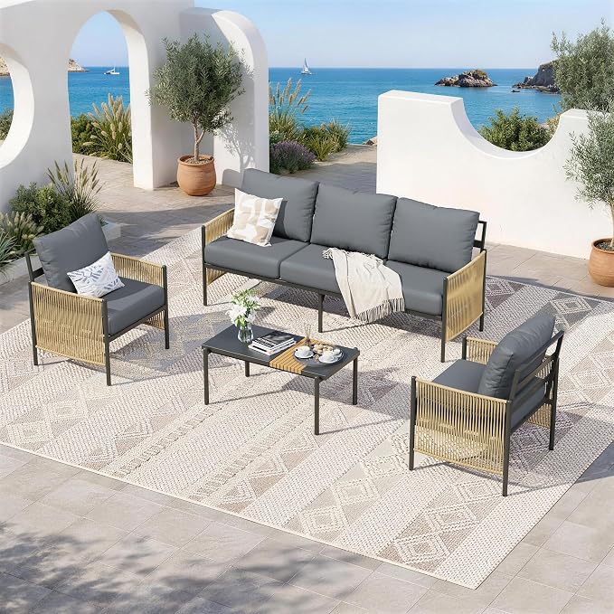 Aluminum Outdoor Patio Furniture Set, 5 Seats Outdoor Sectional with Coffee Table, Patio Conversation Sets with Washable Thick Cushions and Waterproof Cover for Backyard/Garden /Poolside, Gray