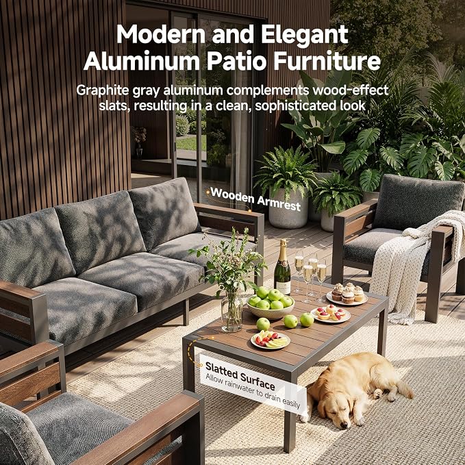 Outdoor Aluminum Patio Furniture Armchair, 2Pcs Rust-resistant Patio Conversation Armchair with Thick Washable Cushions and Coffee Table, Oversized 3.2” Widened Armrest for Backyard Porch Deck