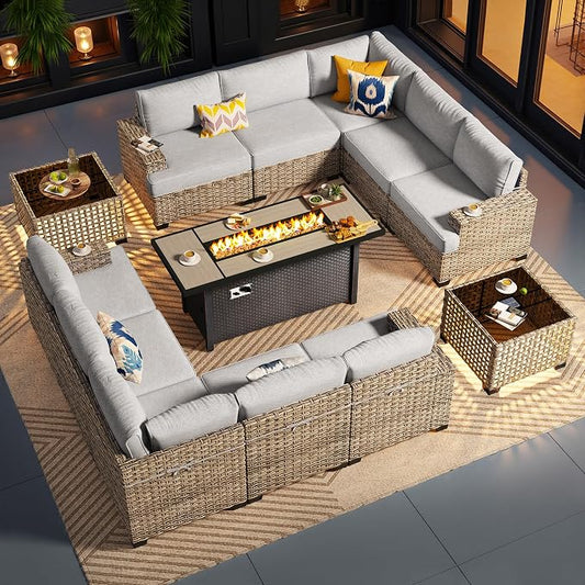CAODOC Outdoor Sectional Patio Furniture Set with Fire Pit Table,13 Pieces Wicker Conversation Sets L Shaped Couch,Extra Deep Out Door Sofa Outside Furniture, Grey