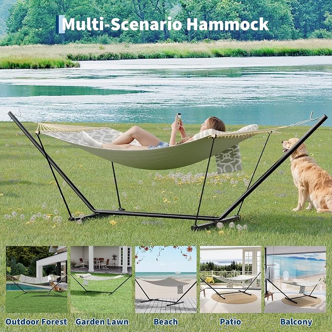 GarveeLife Outdoor Double Hammock with Heavy Duty Adjustable Steel Stand, Portable 2 Person Hammock for Patio Garden Beach Backyard