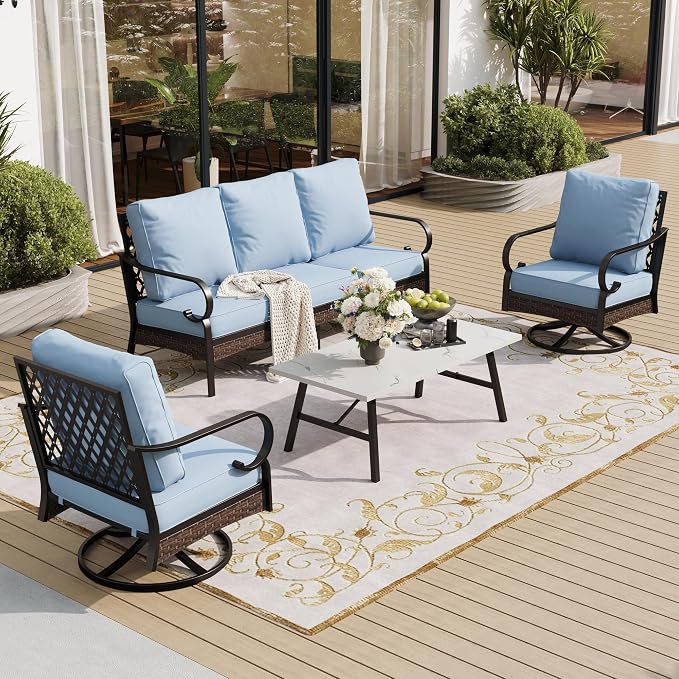 SUNSHINE VALLEY 4 PCS Metal Outdoor Patio Furniture Set, Patio Conversation Sets 1 3-Seater Sofa, 2 Swivel Chairs with 5.75" Extra Thick Cushion & Coffee Table, Black Frame Backyard Furniture, Blue