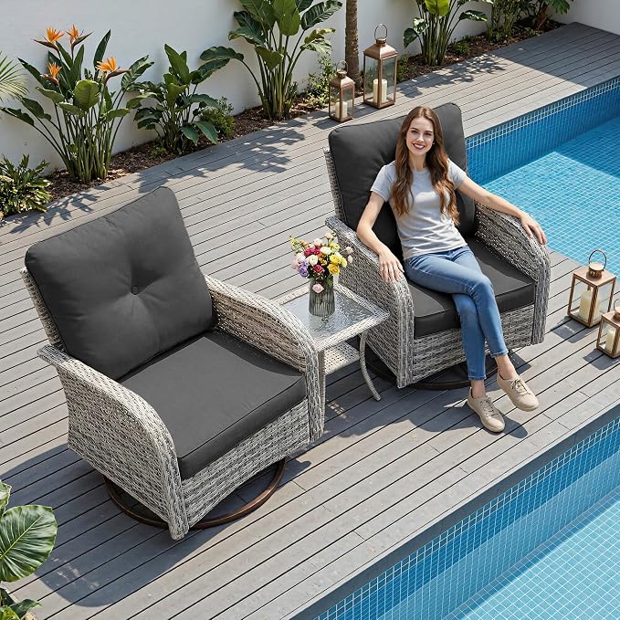 3-Piece Small Patio Furniture Set, Outdoor Swivel Rocking Chairs Set with Wicker Chairs and Tempered Glass Side Table, Outdoor Furniture Patio Bistro Set for Balcony, Deck, Porch