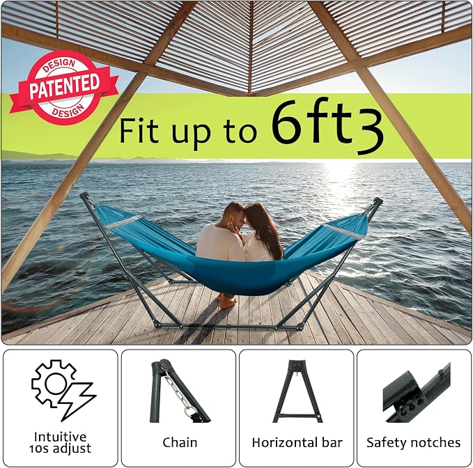 Tranquillo Ultimate Relaxation Portable Hammock Stand with Cotton Canvas Net, Spreader Bar, Quick Fold Unfold in 30 Seconds Steel Frame Hammock 600 lbs Capacity Outdoor, Blue
