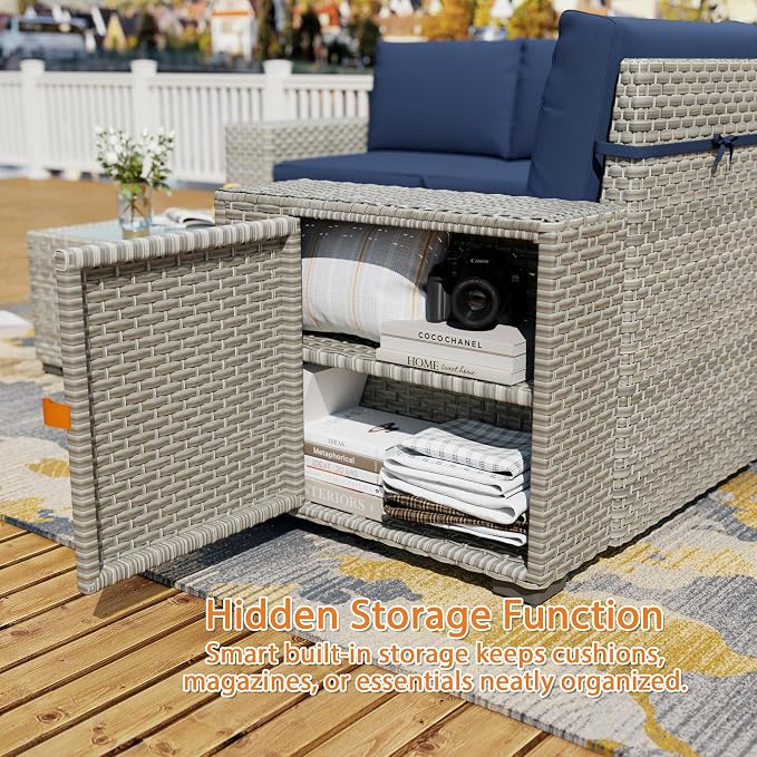 13 Piece Patio Furniture Set, 8" Wide Arm Sectional Sofa Set with 50000 BTU Propane Fire Pit Table & Coffee Table, Rattan Outdoor Conversation Set for Garden, Porch, Lawn, Blue