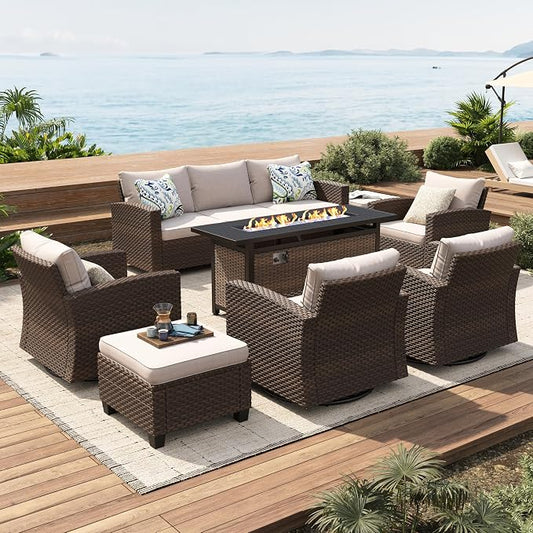 SUNSHINE VALLEY Swivel Glider Patio Furniture Set Outdoor Furniture Brown Wicker Rattan Patio Conversation Sets with Cushion Outside Sofa Set,7 Pieces with Rectangular Firepit Table,9 Seats,Beige