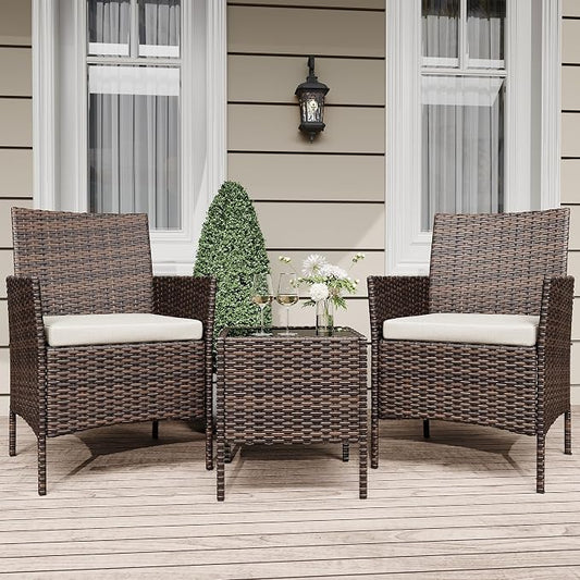 GarveeLife 3-Piece Patio Furniture Set, Rattan Outdoor Furniture with 2 Chairs & Coffee Table, Modern Outdoor Seating Conversation Bistro Set for Garden Backyard Porch (Brown and Beige)