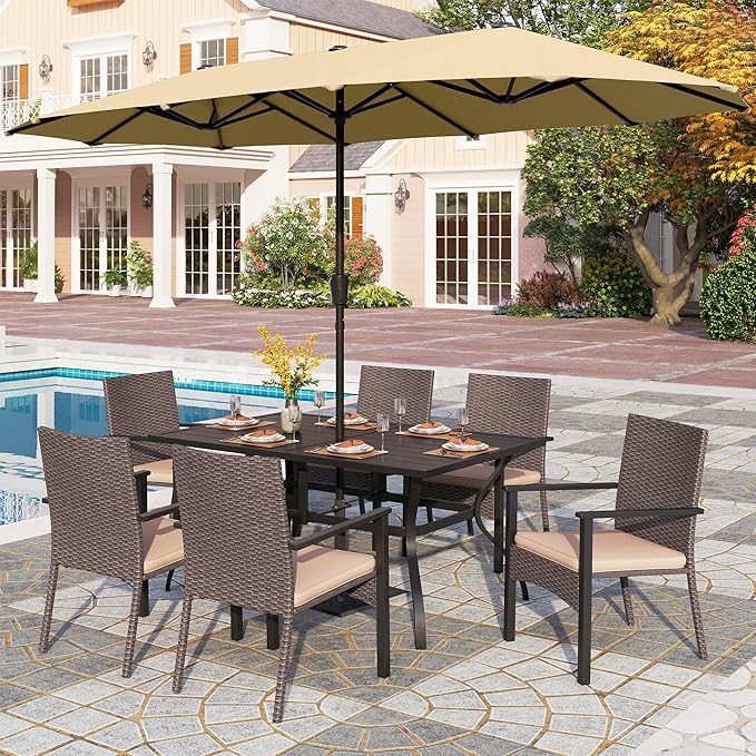 PHI VILLA 7pc Patio Dining Set with 13ft Beige Umbrella, 6 Rattan Chairs | 60" metal dining table, 6 cushioned rattan wicker chairs, and 13ft beige umbrella. Perfect for patio, deck, yard, or porch.