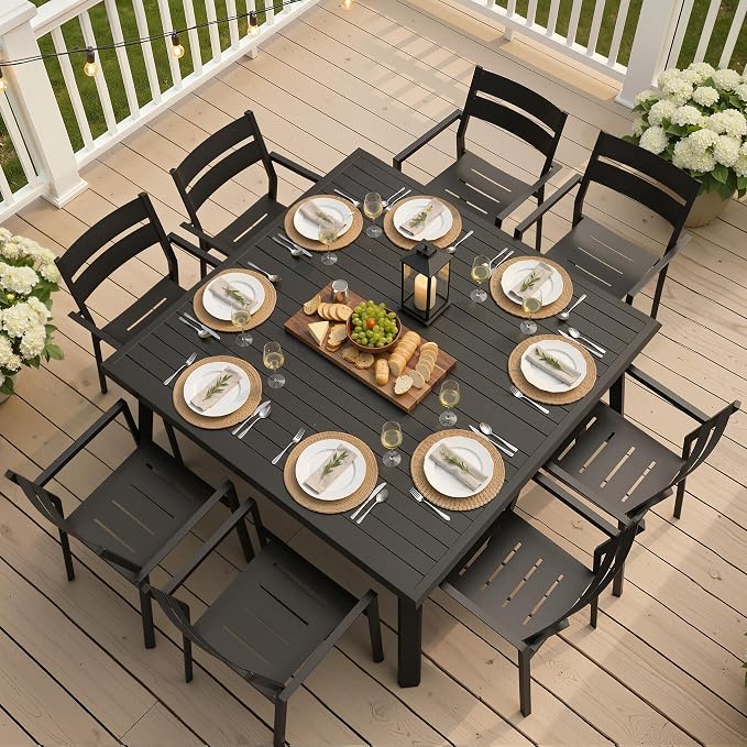 57" Square Outdoor Table for 8, Aluminum Large Patio Dining Table | 1.57-1.97" Adjistable Umbrella Hole All-Weather Slatted Design for Lawn, Backyard, Garden, Black