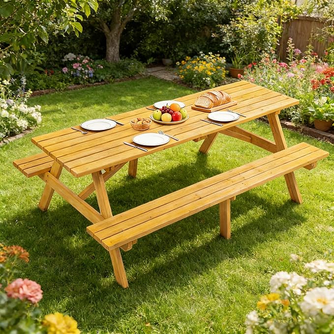 75 inch Wooden Picnic Table,Outdoor Wooden Dining Rectangle Table w/Umbrella Hole,Picnic Table Bench Set for 6 or 8 Person，2200lbs Capacity Natural for Camping, Garden & BBQ,Yellow