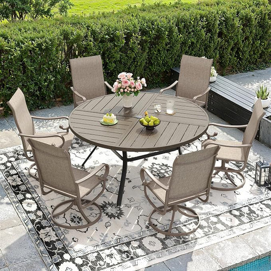 DIFY 7 Piece Outdoor Dining Set for 6, 50" Grey Wood-Like Round Metal Dining Table with Umbrella Hole and Swivel Patio Chairs with Sandshell Textilene, Patio Table and Chairs Set for Garden Backyard