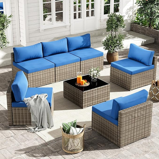 Tradare 7 Piece Patio Furniture Set, Outdoor Wicker Patio Sofa Set, PE Rattan Sectional Couch with Glass Table and Blue Cushions, All-Weather 7 Piece Outdoor Patio Furniture Sets, Grey