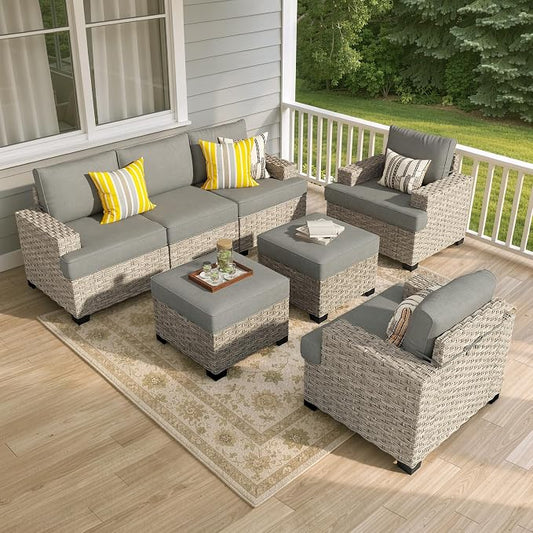 Weaxty 7 Pieces Outdoor Furniture Set, Patio Sectional Sofa Wide Seats Couch Chair with Ottoman, Thick Cushion All-Weather Rattan Patio Conversation Sets for Backyard Porch Balcony, Dark Gray