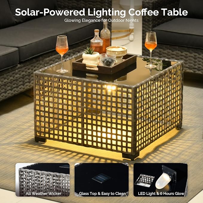 6 Piece Wicker Patio Furniture Set with Solar Table, Black | Outdoor Deep Seating Sofa Chair Ottoman, Solar Lights Table, All Weather Rattan, Modern Conversation Set, Porch Deck Backyard