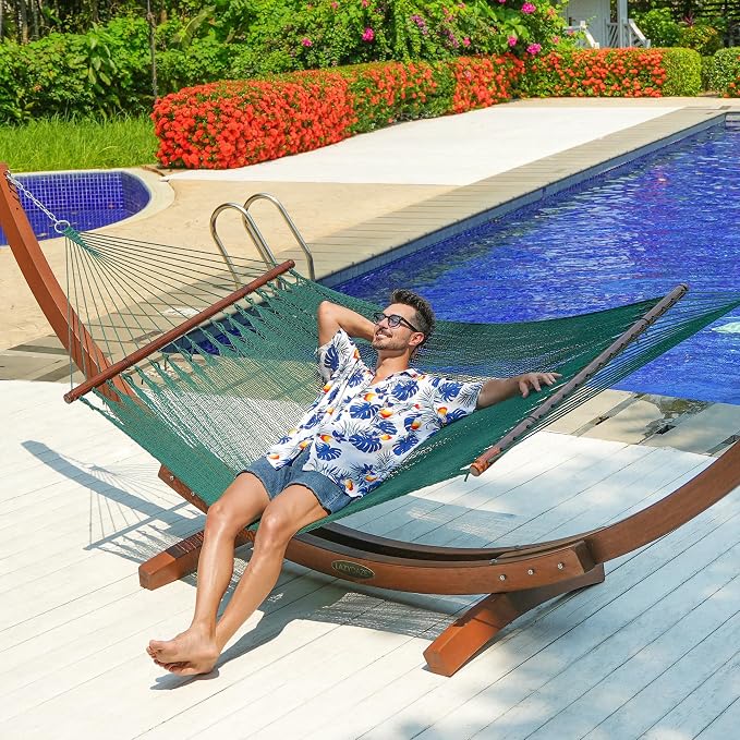 Lazy Daze Hammocks 10.5 FT Double 2 Person Caribbean Rope Hammock, Hand Woven Polyester Hammock with Spreader Bars, for Outside Outdoor Backyard Patio Poolside, 450 LBS Capacity, Green