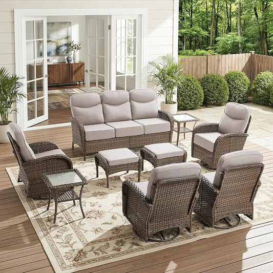 9-Piece Patio Furniture Set with Upgraded 6" Thick Cushion - High Back Outdoor Swivel Rocker Chairs Set of 2 with 3-Seater Sofa,Ottomans,Wicker Outdoor Conversation Set for Deck, Porch, Yard, Poolside