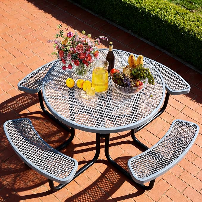 46" Round Picnic Tables for Outdoors,Commercial Metal Picnic Table Bench Set W/ Umbrella Hole,Restaurant School Canteen Tables W/Seats - Heavy Duty Sturdy Picnic Tables for Patio Garden Coffee Shop