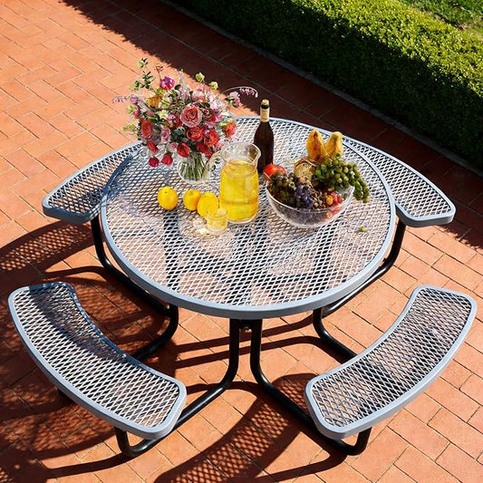 46" Round Picnic Tables for Outdoors,Commercial Metal Picnic Table Bench Set W/ Umbrella Hole,Restaurant School Canteen Tables W/Seats - Heavy Duty Sturdy Picnic Tables for Patio Garden Coffee Shop
