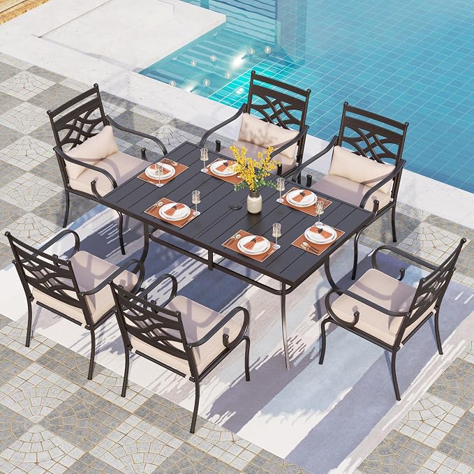 PHI VILLA 7 Piece Patio Dining Set, Rectangular Steel Table | Metal chairs, Beige Cushion, Cushions, E-coated