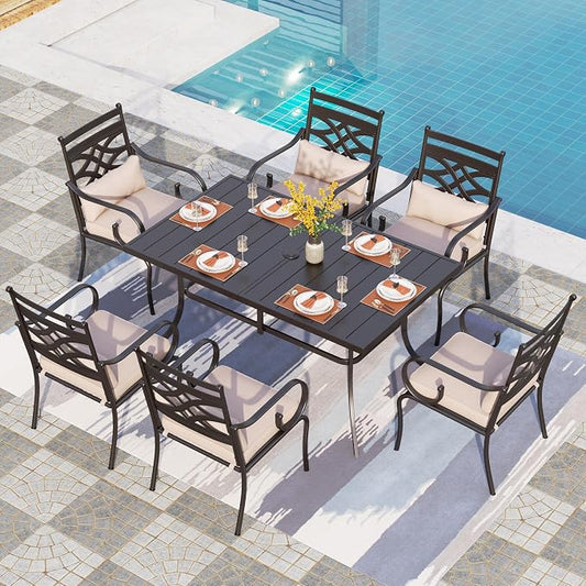 PHI VILLA 7 Piece Patio Dining Set, Rectangular Steel Table | Metal chairs, Beige Cushion, Cushions, E-coated